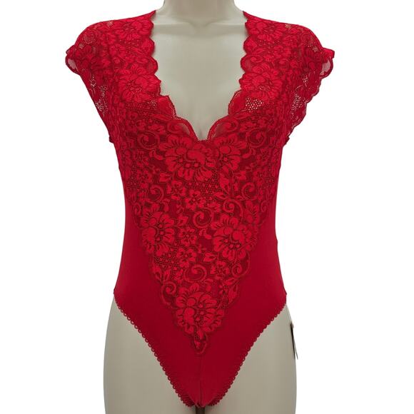 Free People We Are HAH Womans size XS Lady Like Bodysuit Rouge Red Lace NEW - Picture 1 of 9
